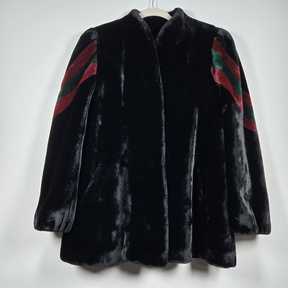 Vintage 80s Sasson Borgazia Faux Fur Teddy Coat Colorblock Stripe Size Medium